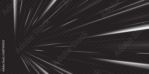 Minimalist action background with speed ray anime effect for manga illustration - white light streaks and dynamic perspective blur lines on dark bg. High velocity comic scene with converging beams
