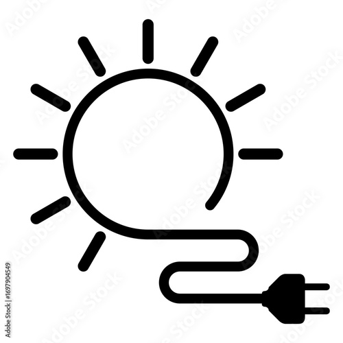 Logo energía limpia y sostenible. Símbolo energía renovable. Icono cable con enchufe eléctrico con líneas con forma de sol