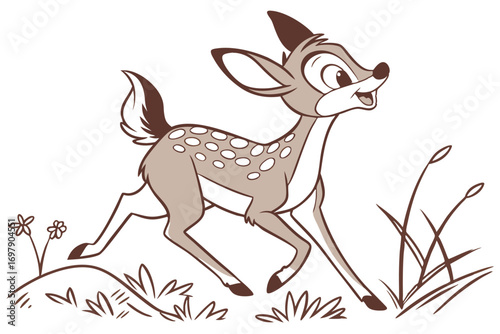 Joyful Cartoon Fawn Running Freely in a Meadow with White Spotted Design
