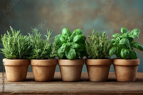 Fototapeta Naklejka Na Ścianę i Meble -  Fresh aromatic herbs growing in terracotta pots arranged in row on wooden surface, rosemary and basil plants against dark rustic background.