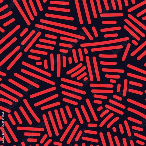 Seamless pattern with abstract red geometric lines on dark background, modern stylish design