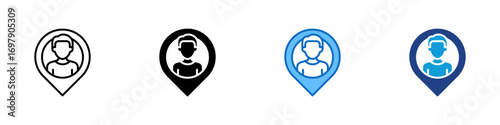 Agent Pin Multiple Style Icon Design Vector - Customer agent inside a map pin, representing business office, local service, or consultant
