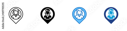 Support Location Multiple Style Icon Design Vector - Customer support agent inside a location marker, symbolizing local help or service center