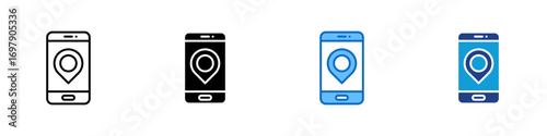 Mobile Map Multiple Style Icon Design Vector - Smartphone screen with location pin, representing GPS app, navigation, or mobile tracking