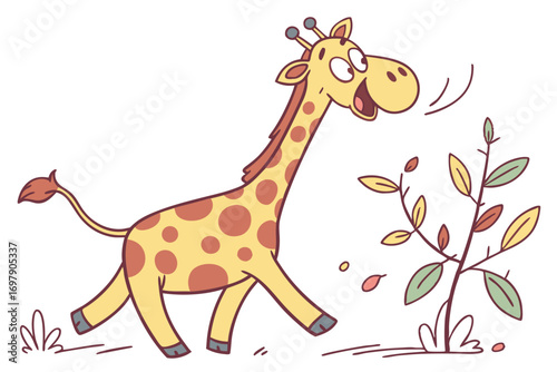 Joyful Cartoon Giraffe Running on White Background Art