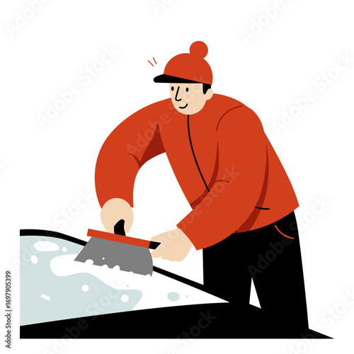 Man scraping ice from car windshield while wearing red jacket and hat  