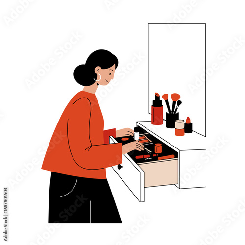 Woman organizing makeup drawer at home with cosmetics display  