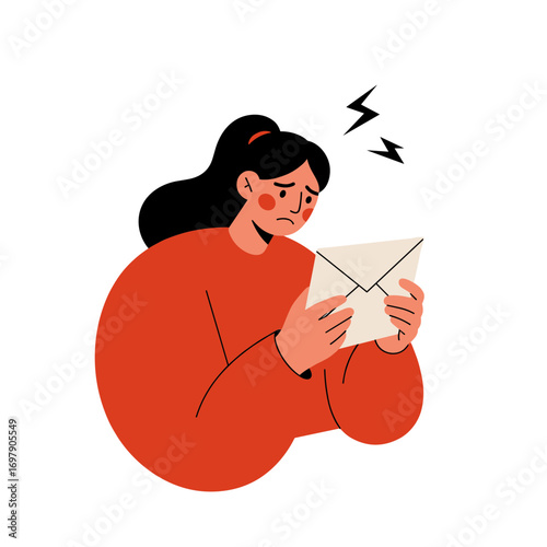 Worried woman reading upsetting email with stress expression  