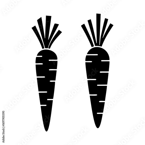 Two black carrots with leaves in flat design style  