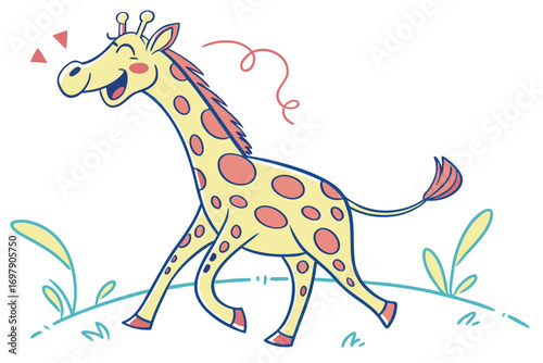 Joyful Cartoon Giraffe Running with Spots in White Background