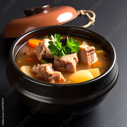 Hearty vegetable soup in a traditional pot