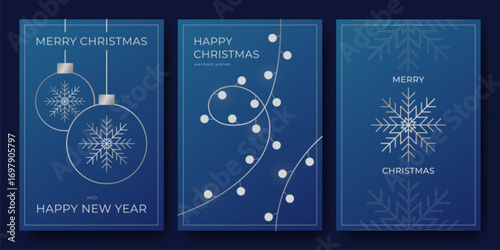 Winter holiday card templates with minimalist designs for corporate greetings - blue gradient bg, silver line Christmas baubles and snowflake ornaments, festive garland with light bulbs on string.