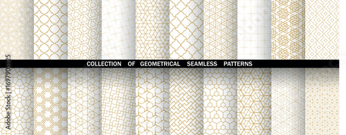 Geometric set of seamless golden and white patterns. Simple vector graphics