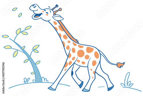 Joyful Cartoon Giraffe Walking near Tree with Orange Spots on White Background