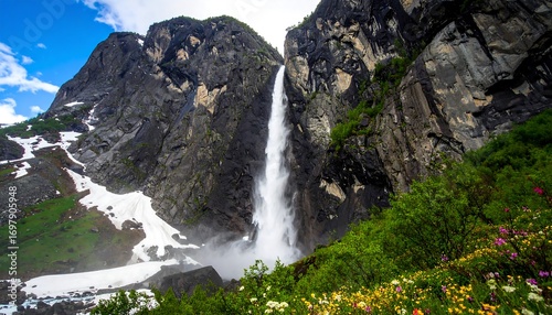 Majestic waterfall cascading down a rocky mountain