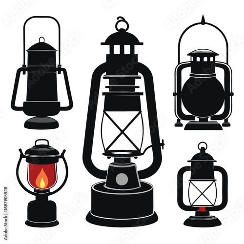 Collection of vintage lantern silhouettes, including oil lamps and hurricane lanterns, for various design purposes.