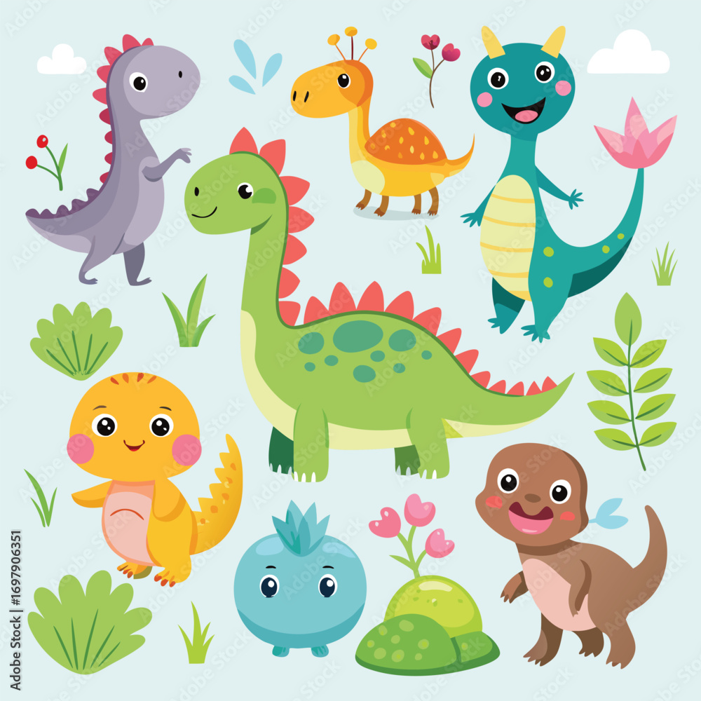 Fototapeta premium Adorable Cartoon Dinosaurs Collection: Cute Dino Characters, Plants & Clouds