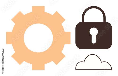 Gear symbolizing operations, lock for security, and cloud for online storage. Ideal for technology, cybersecurity, cloud computing, network, data protection privacy operations. Simple flat metaphor