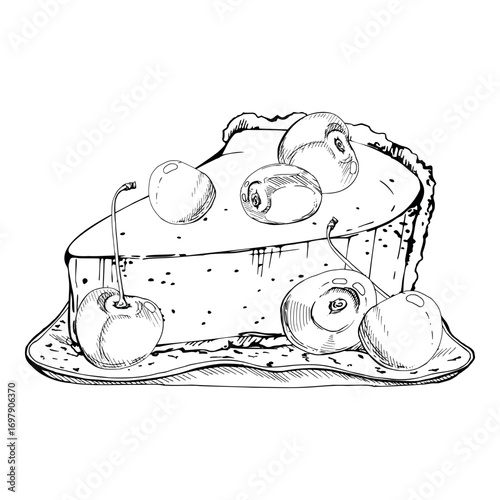 Cheesecake portion with glazed cherries, souffle mousse torte plated on ceramic dish. Isolated hand drawn dessert illustration in vector ink. Kitchen visuals, dessert content kits, food craft artwork.