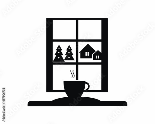 Warm cozy winter evening, cup of hot cocoa with marshmallows on a window table, snowy trees and houses visible outside, vector cozy winter illustration