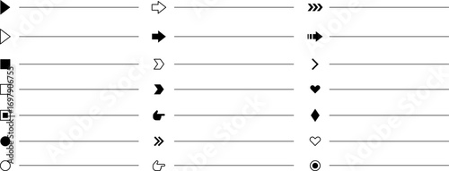Bullet points. List icon set with geometric shapes, arrows, stars, hearts. Minimal user interface elements for apps, websites, infographics, UI UX design, web development, presentations. Isolated