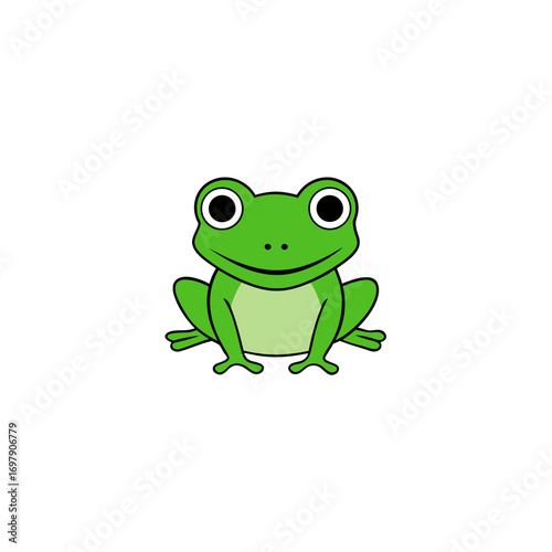 A cartoon green frog with black outlines sits