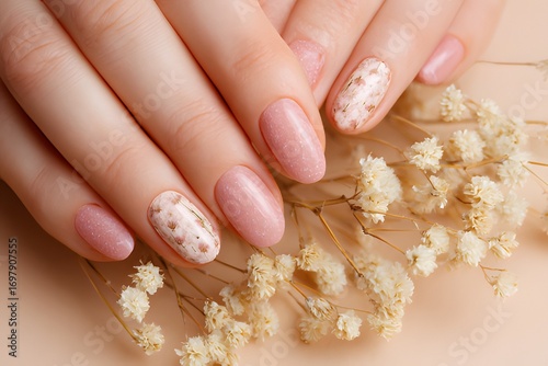 Elegant pink manicure with marble accent nails and delicate dried flowers on a soft beige background