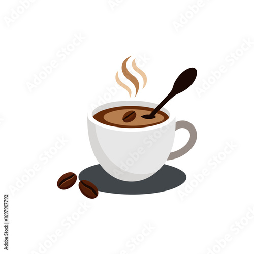 hot cappuccino in white cup with spoon and beans  