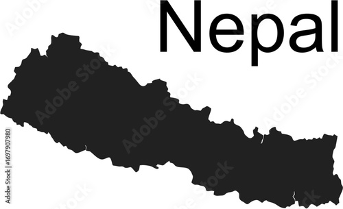 A black silhouette map of the country of Nepal with its name written in text above on a plain white background.