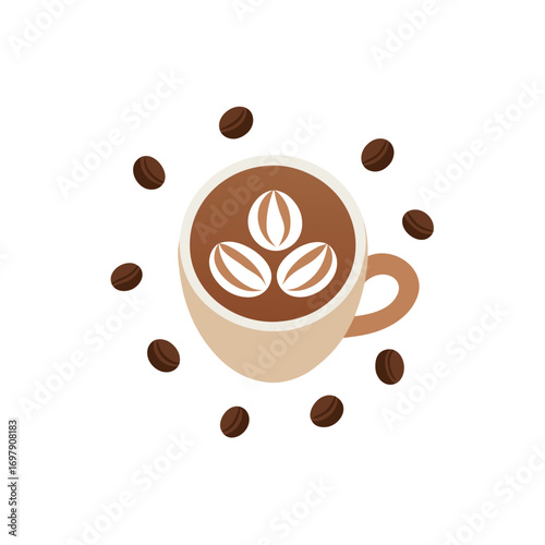 white coffee mug with detailed latte art  beans sc