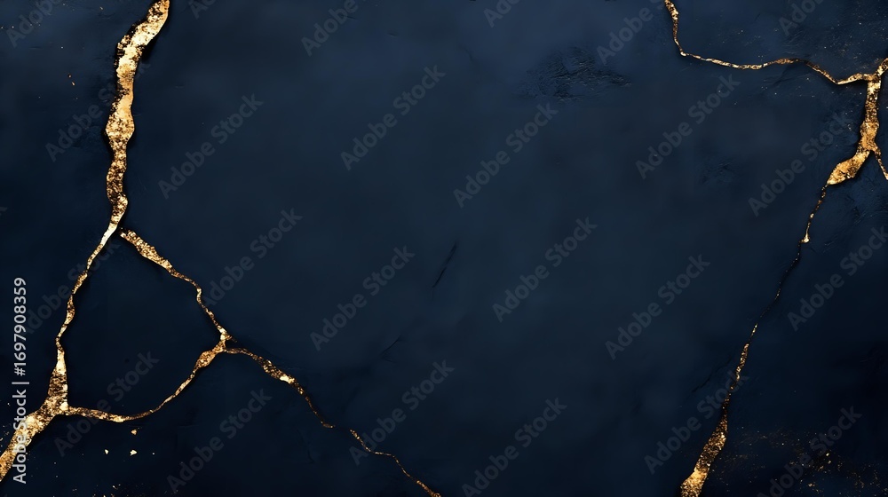 Fototapeta premium Elegant dark navy blue marble texture with gold kintsugi style cracks and veins on luxurious stone surface, suitable for premium branding and interior design.