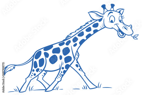 Joyful Giraffe Cartoon Blue Outline Walking with Leaf on White Background