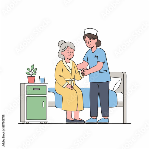 A compassionate nurse provides gentle support to an elderly woman in a hospital room