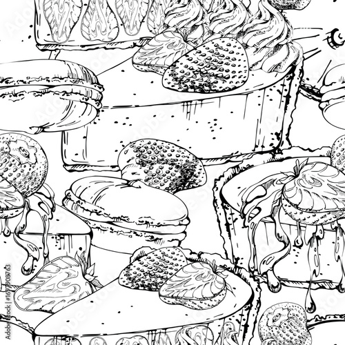 Vector ink layered souffle cheesecake and cocoa whoopie pie with ganache drizzle, fresh strawberry berry. Hand drawn dessert seamless pattern for party sets, food labels, artisanal product branding.