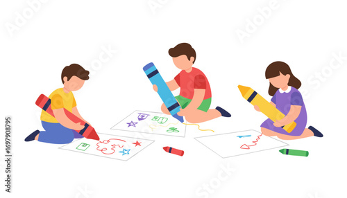 Joyful diverse children immersed in creative art activities, drawing and coloring with vibrant crayons, fostering imagination and learning