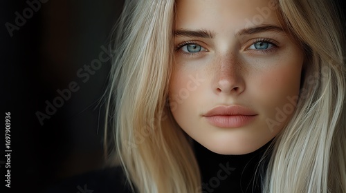 Young Caucasian woman with blonde hair and blue eyes wearing black turtleneck sweater against dark background, dramatic studio lighting creates moody portrait atmosphere.