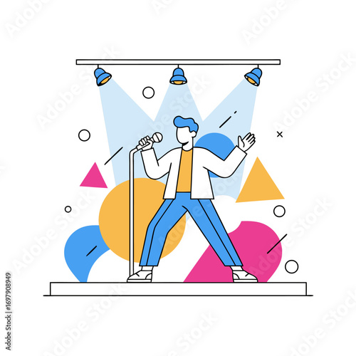 Expressive male vocalist singing solo on stage with colorful lights and abstract shapes