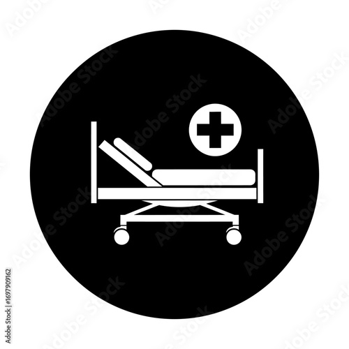 Vector art of hospital bed with medical cross icon on black circle background