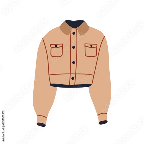 Jacket, windbreaker. Light outerwear, wind breaker, casual clothing. Modern fashion style cropped design. Trendy apparel, garment with pockets. Flat vector illustration isolated on white background