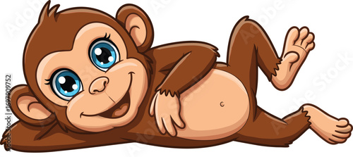 Cute cartoon monkey lying down smiling with big blue eyes playful happy animal character illustration vector design.