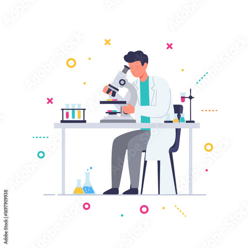Scientist working in a modern laboratory, conducting research with a microscope and test tubes