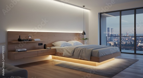 A modern minimalist bedroom with a floating bed illuminated by warm LED lights and a large window overlooking a city skyline at dusk.
