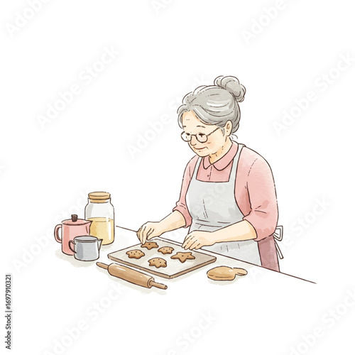Homemade cookies, Kind grandmother happily baking star shaped cookies for family enjoyment and holiday traditions