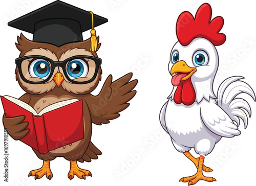 Cute cartoon owl with graduation cap and glasses reading book and cheerful rooster standing side by side, educational animals.