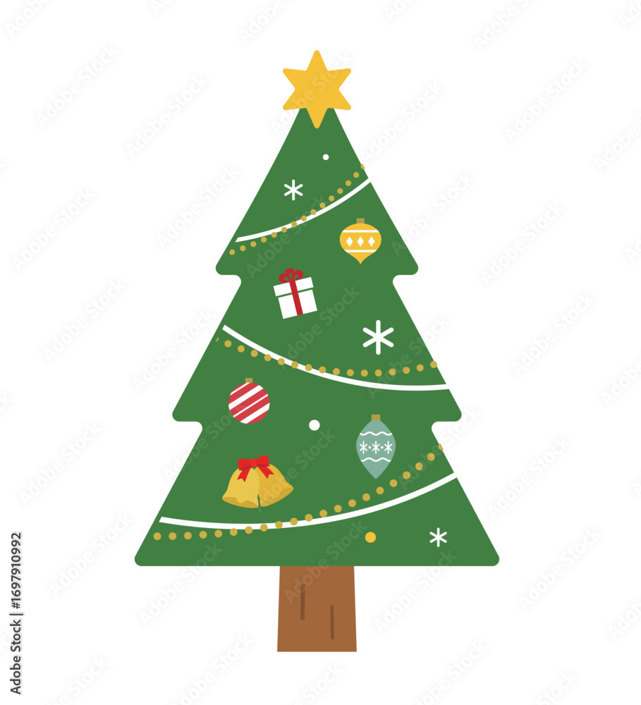 Fototapeta premium クリスマスツリーのイラスト モミの木 星 オーナメント 12月 フラット 行事 イベント 飾り 装飾
