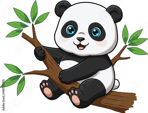 Cute cartoon panda sitting happily on a tree branch with green leaves, adorable wildlife animal illustration for kids and nature.