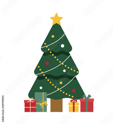クリスマスツリーのイラスト　モミの木　星　オーナメント　12月　フラット　行事　イベント　飾り　装飾