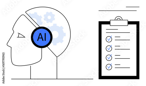 Human head outline with AI gear symbols and a checklist with marked items. Ideal for automation, AI efficiency, task management, technology impact, productivity, innovation, simple flat metaphor
