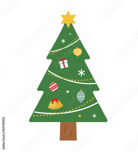 クリスマスツリーのイラスト　モミの木　星　オーナメント　12月　フラット　行事　イベント　飾り　装飾