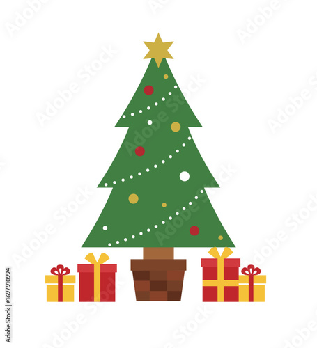 クリスマスツリーのイラスト　モミの木　星　オーナメント　12月　フラット　行事　イベント　飾り　装飾